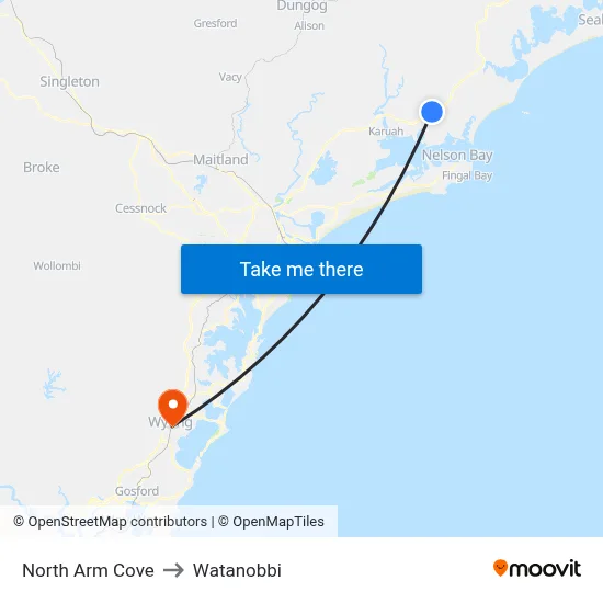North Arm Cove to Watanobbi map