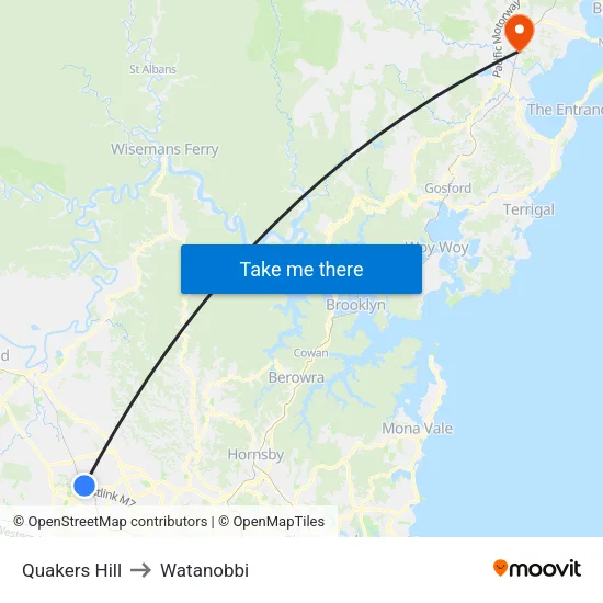 Quakers Hill to Watanobbi map