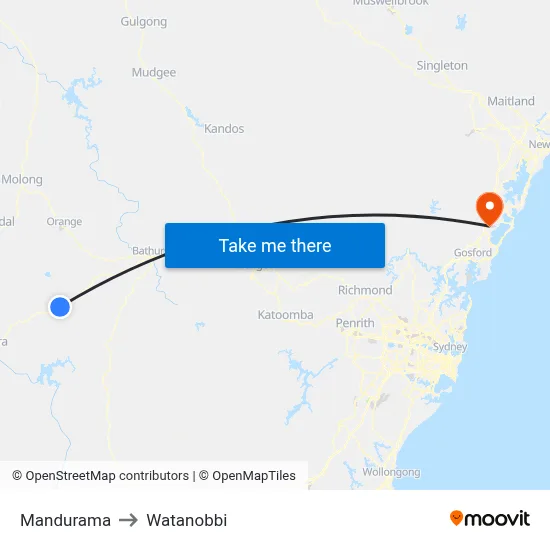 Mandurama to Watanobbi map