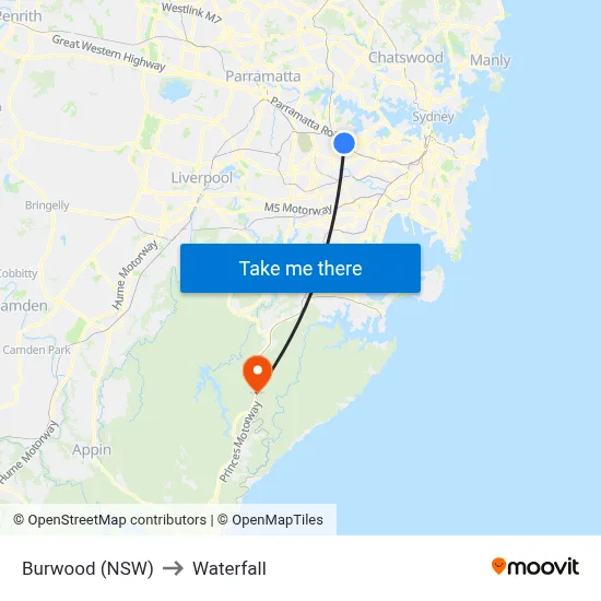 Burwood (NSW) to Waterfall map