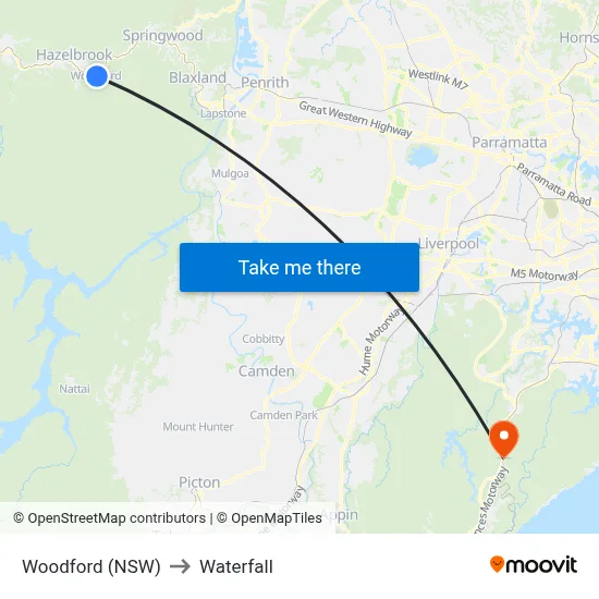 Woodford (NSW) to Waterfall map