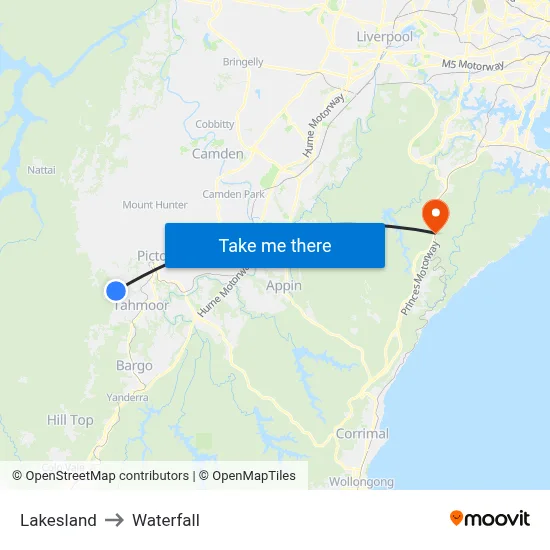 Lakesland to Waterfall map