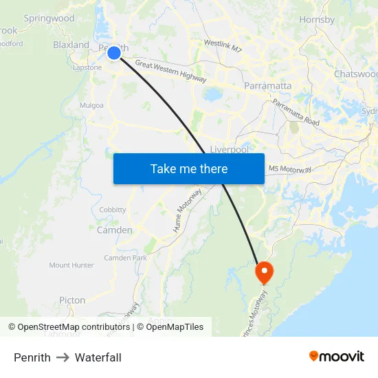 Penrith to Waterfall map