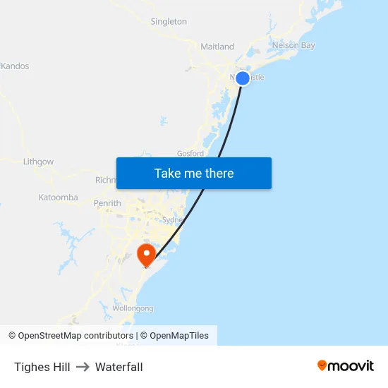 Tighes Hill to Waterfall map