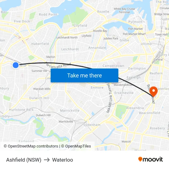 Ashfield (NSW) to Waterloo map
