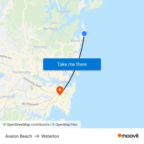 Avalon Beach to Waterloo map