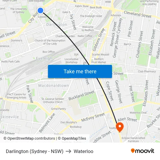 Darlington (Sydney - NSW) to Waterloo map