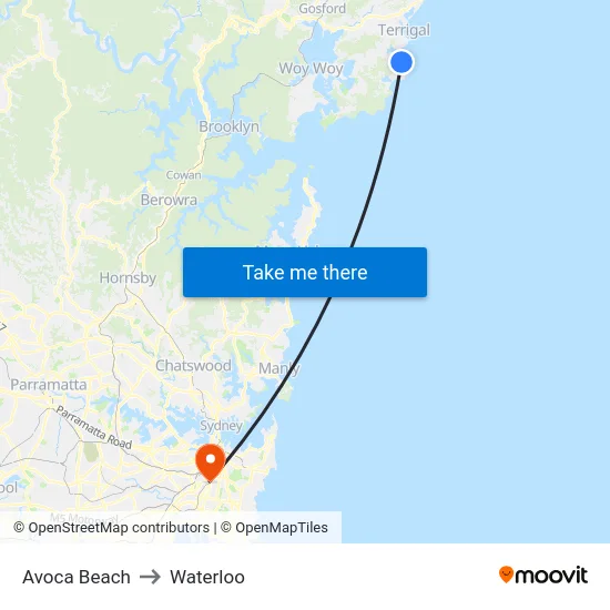 Avoca Beach to Waterloo map