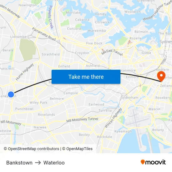 Bankstown to Waterloo map