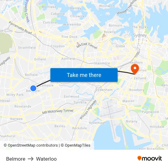 Belmore to Waterloo map