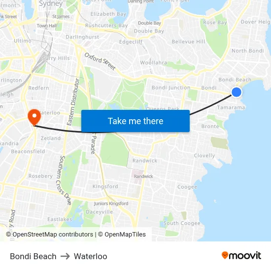 Bondi Beach to Waterloo map