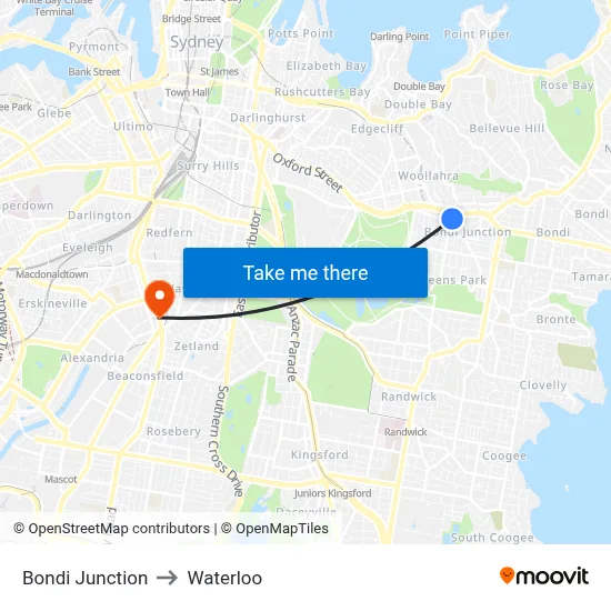 Bondi Junction to Waterloo map