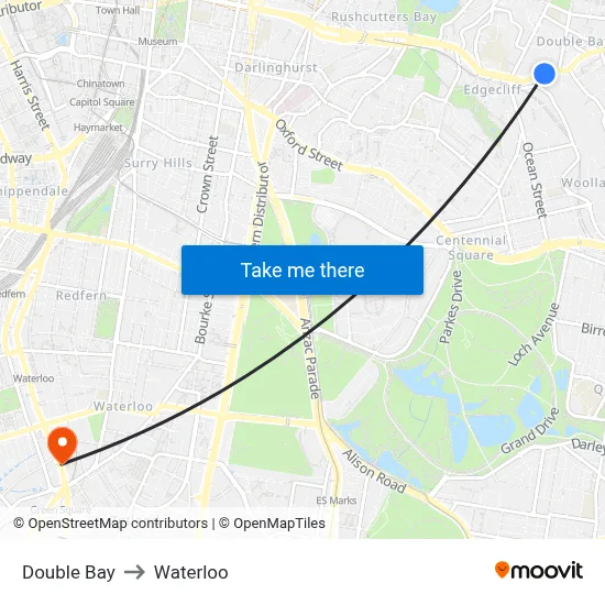 Double Bay to Waterloo map