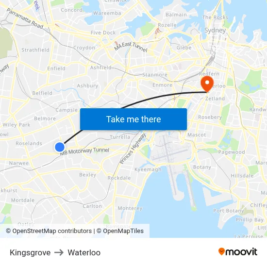 Kingsgrove to Waterloo map