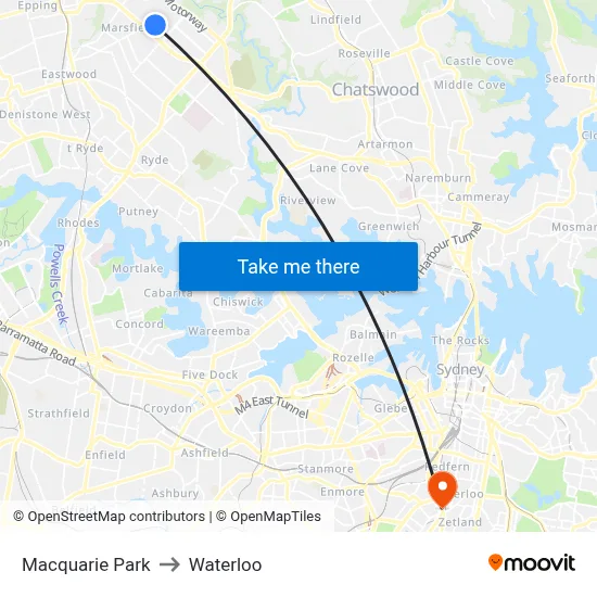 Macquarie Park to Waterloo map