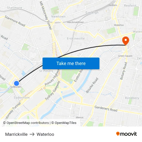 Marrickville to Waterloo map