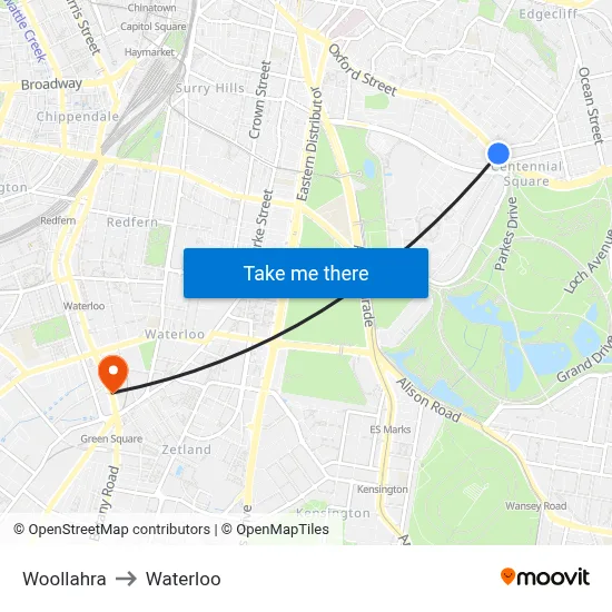 Woollahra to Waterloo map