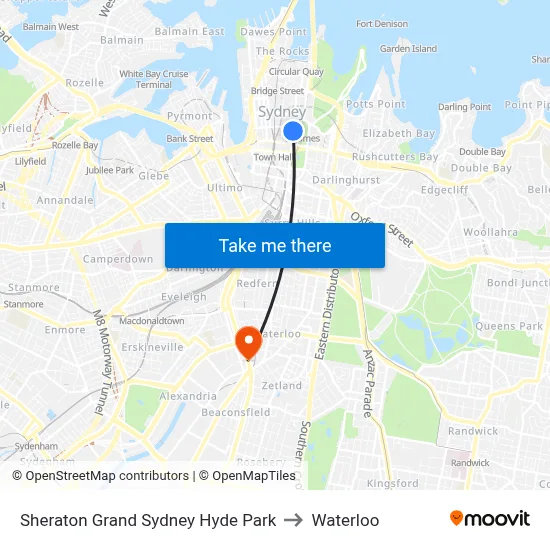 Sheraton Grand Sydney Hyde Park to Waterloo map