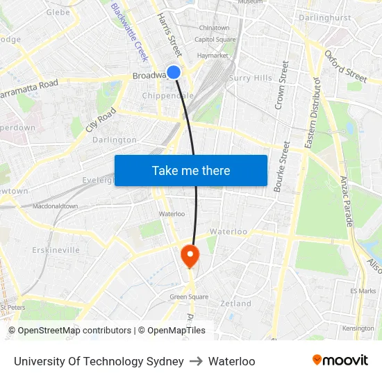 University Of Technology Sydney to Waterloo map