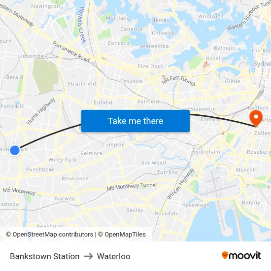 Bankstown Station to Waterloo map