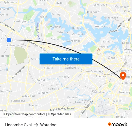 Lidcombe Oval to Waterloo map