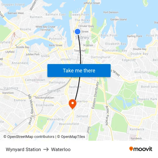 Wynyard Station to Waterloo map