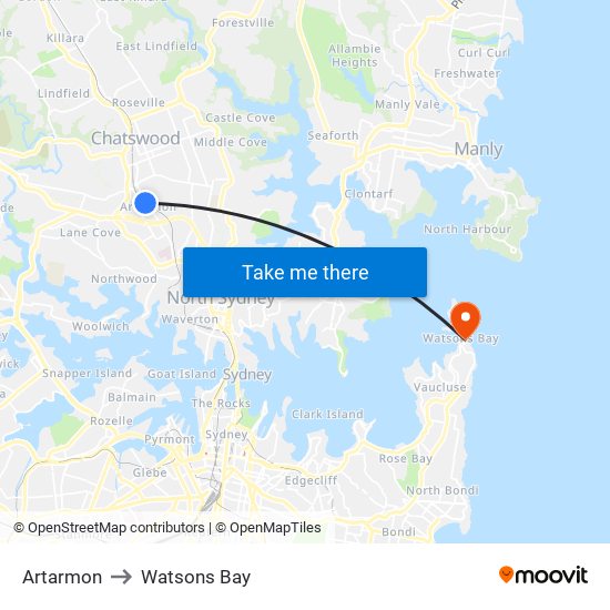 Artarmon to Watsons Bay map