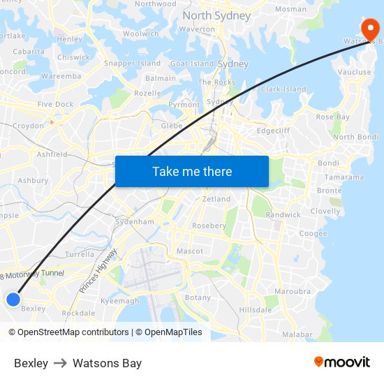 Bexley to Watsons Bay map