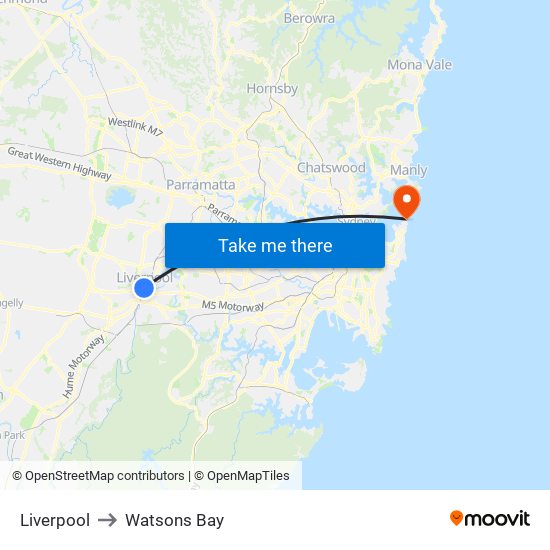 Liverpool to Watsons Bay map