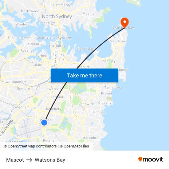 Mascot to Watsons Bay map