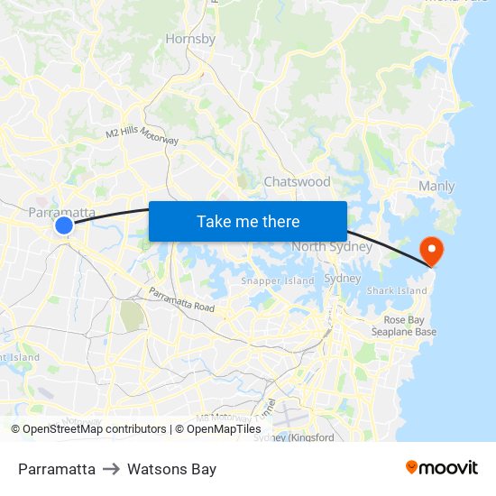 Parramatta to Watsons Bay map