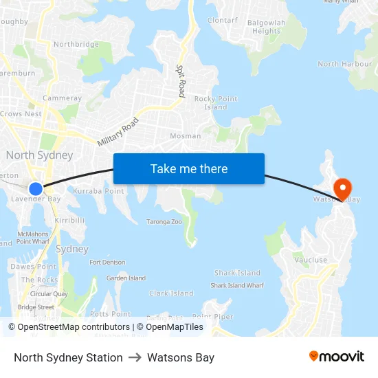North Sydney Station to Watsons Bay map