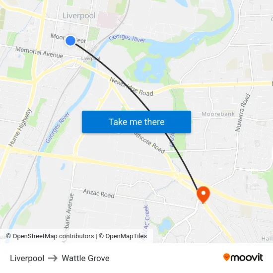 Liverpool to Wattle Grove map