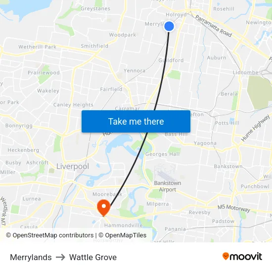 Merrylands to Wattle Grove map