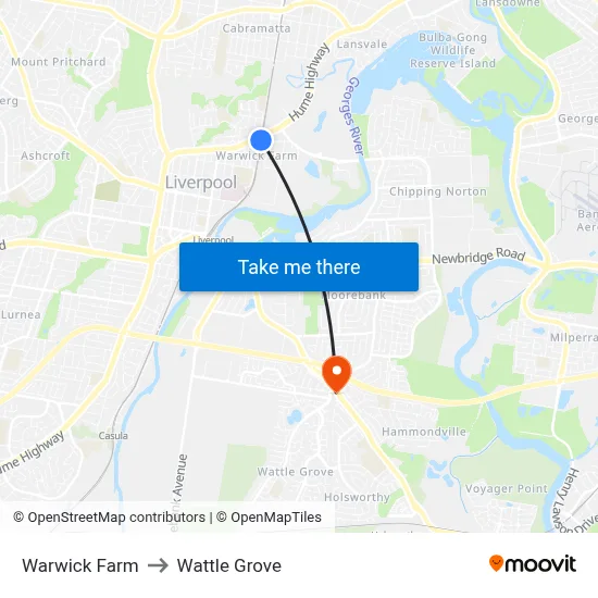 Warwick Farm to Wattle Grove map