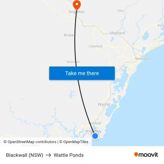 Blackwall (NSW) to Wattle Ponds map