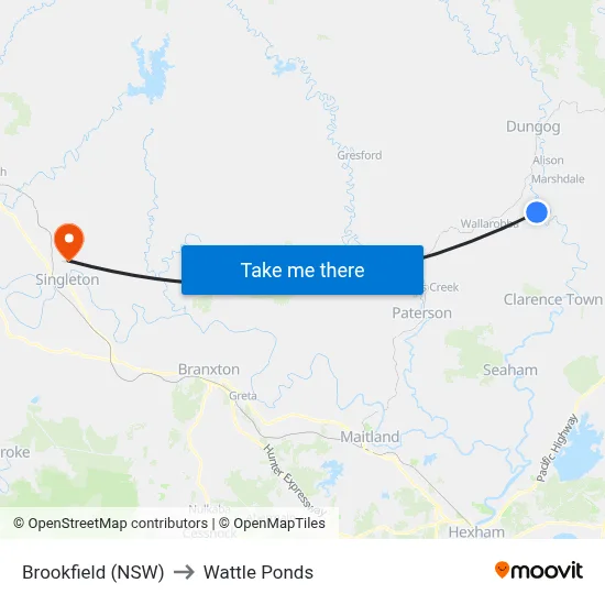 Brookfield (NSW) to Wattle Ponds map