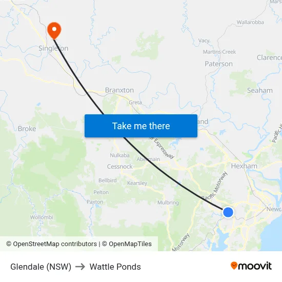Glendale (NSW) to Wattle Ponds map