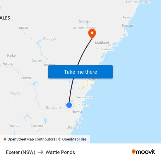Exeter (NSW) to Wattle Ponds map
