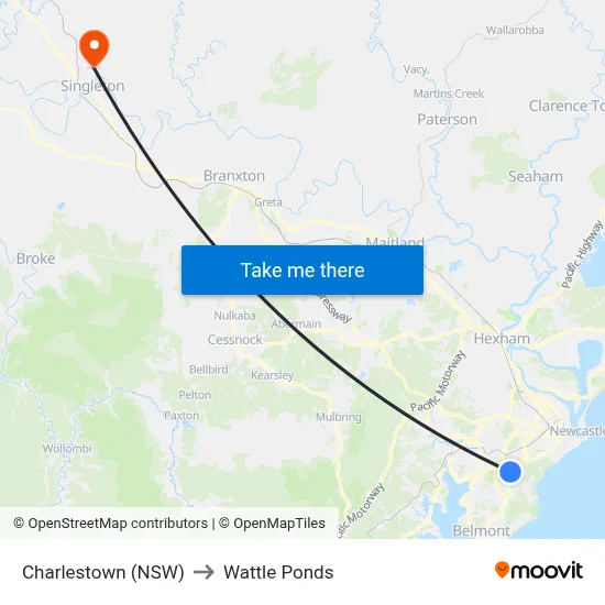 Charlestown (NSW) to Wattle Ponds map