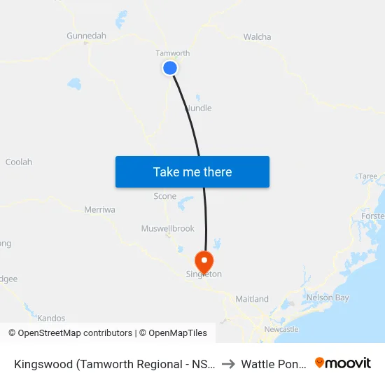 Kingswood (Tamworth Regional - NSW) to Wattle Ponds map