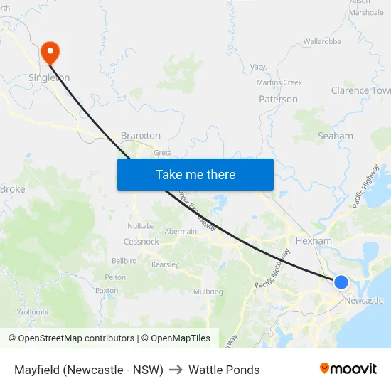 Mayfield (Newcastle - NSW) to Wattle Ponds map