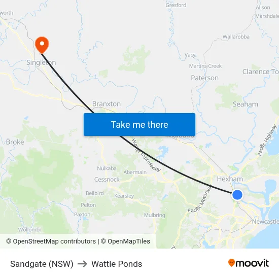 Sandgate (NSW) to Wattle Ponds map