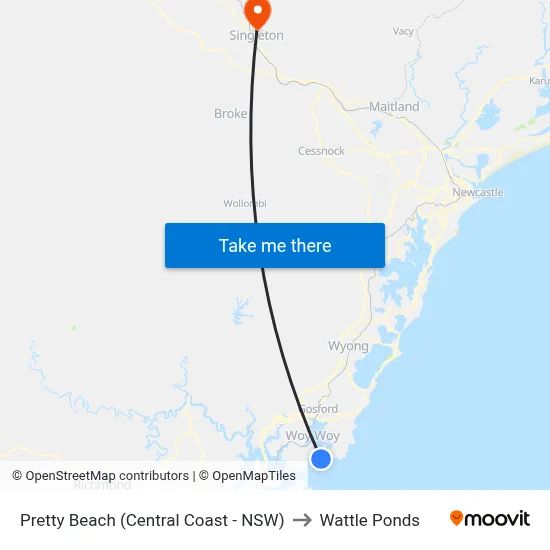 Pretty Beach (Central Coast - NSW) to Wattle Ponds map