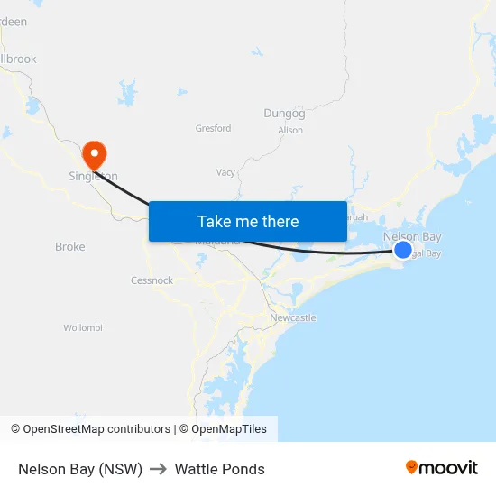 Nelson Bay (NSW) to Wattle Ponds map