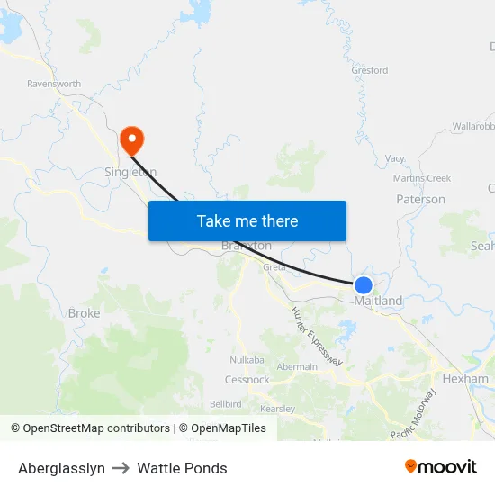 Aberglasslyn to Wattle Ponds map