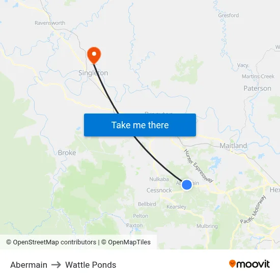Abermain to Wattle Ponds map
