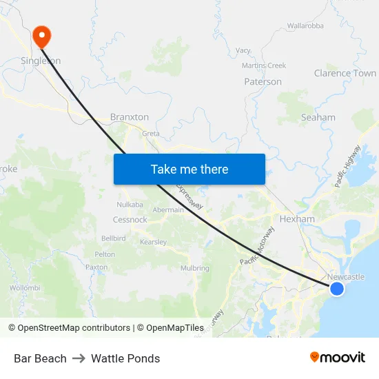Bar Beach to Wattle Ponds map