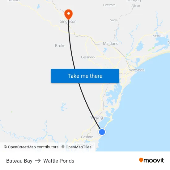 Bateau Bay to Wattle Ponds map