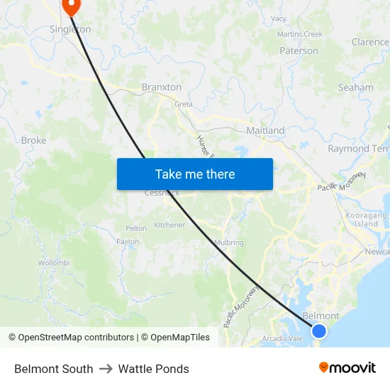 Belmont South to Wattle Ponds map